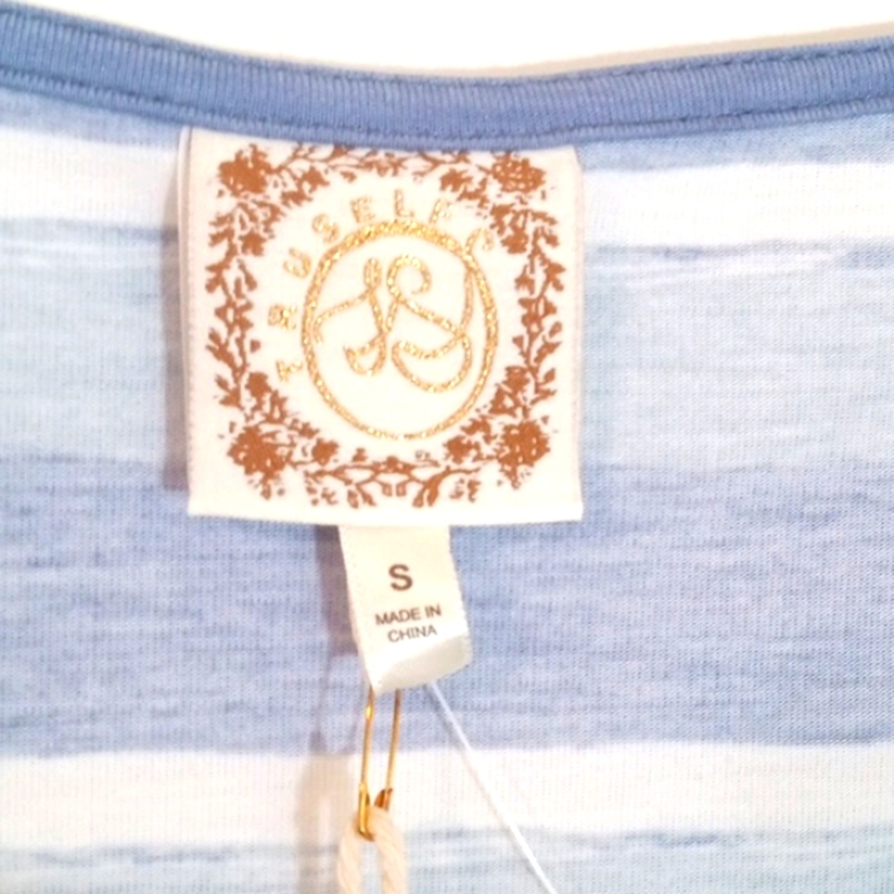 TRU SELF BLUE WHITE STRIPE V-NECK TWO BUTTON RELAXED FIT TOP SIZE SMALL NWT - Picture 2 of 5